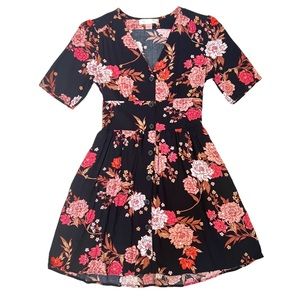 Band of Gypsies Mini Dress XS Black Floral Boho Button Down Fit Flare Casual